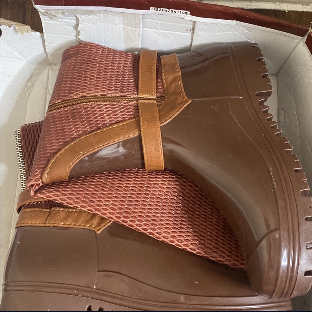 Brown rain boots